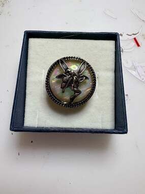 Kirks Folly Antique Silver Tone Fairy Ring with Iridescent Cabochon Size 8.5